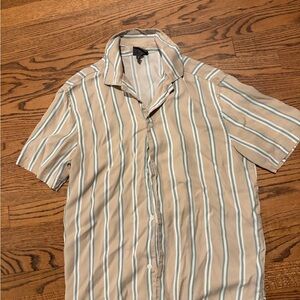 H&M Beige Short Sleeve Button-Down with White and Light Blue Stripes